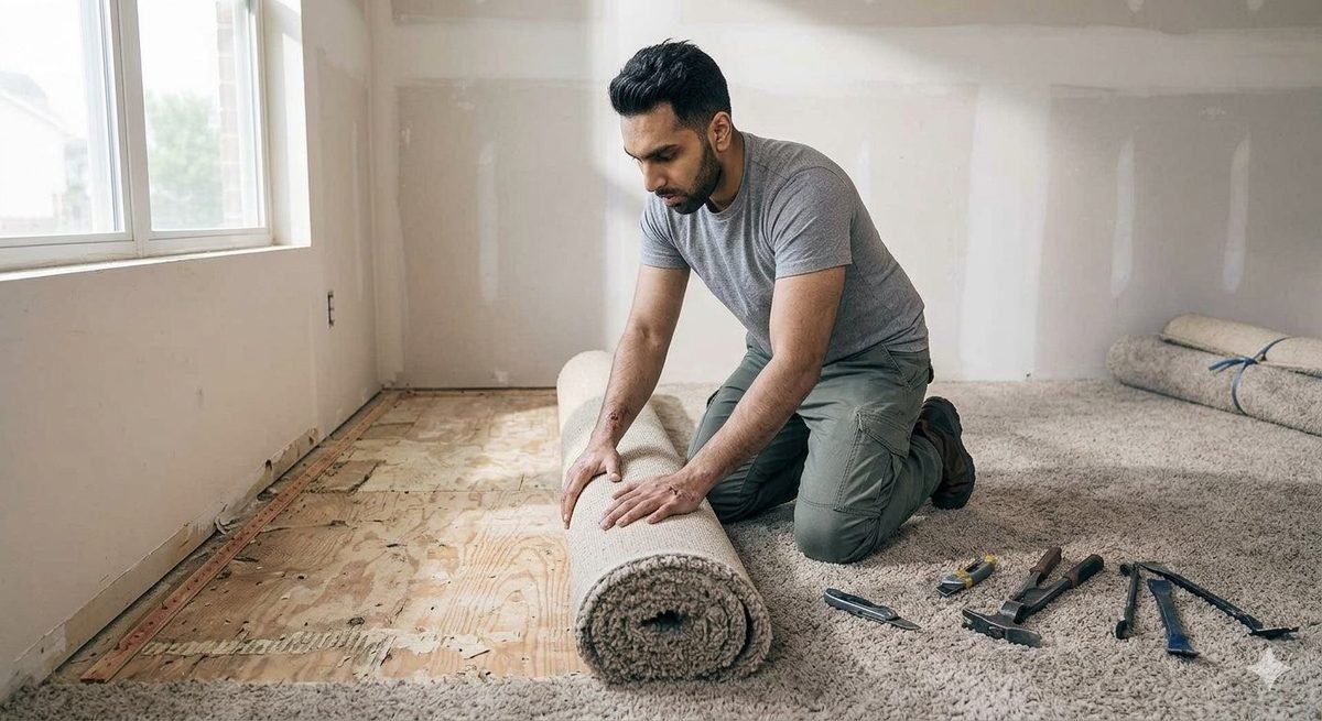 Technician rolling up old carpet to expose the subfloor during a rental unit turnover