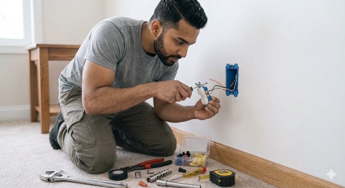 Technician replacing a wall outlet with wire connectors and tools on the floor