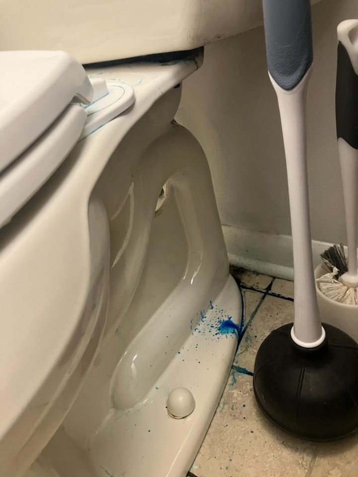 Toilet base with blue dye from a leak test