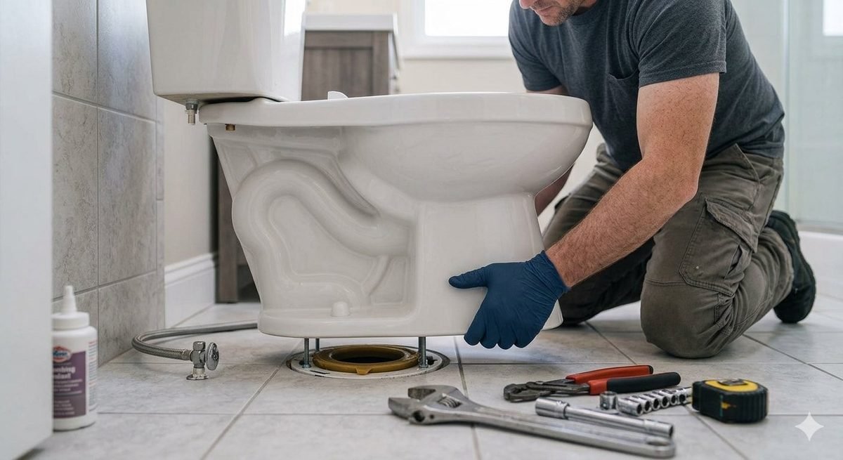 Technician setting a new toilet onto a fresh wax ring in a bathroom